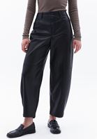 Women Black Vegan Leather Mid Rise Barrel Fit Pants