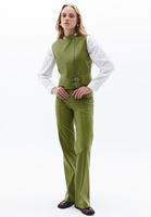 Women Green Mid Rise Vegan Leather Flared Pants