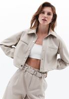 Women Beige Vegan Leather Crop Shirt