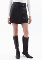 Women Brown Vegan Leather Skirt with Belt Detail