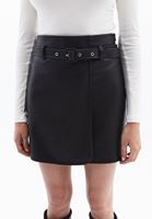 Women Brown Vegan Leather Skirt with Belt Detail