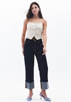 Bayan Krem Vegan Deri Crop Yelek