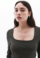 Women Green Square Neck Tshirt with Long Sleeves