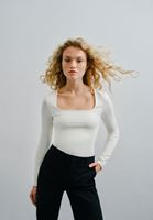 Women Cream Square Neck Tshirt with Long Sleeves