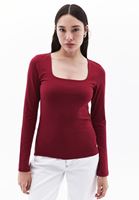 Women Red Square Neck Tshirt with Long Sleeves