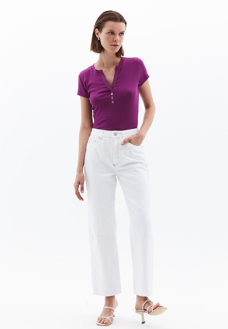 Women Purple Tshirt with Button Detail