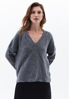 Women Grey Alpaca Wool Blended V-neck Sweater