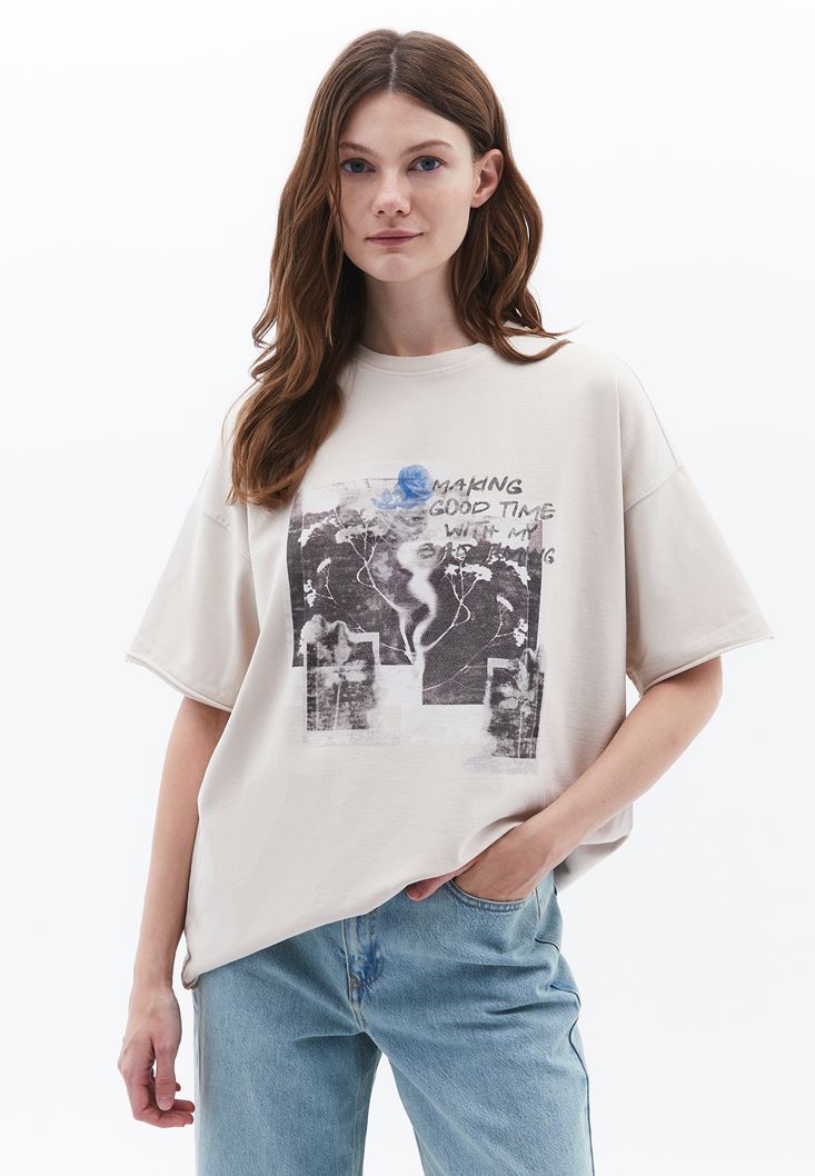 Women Beige Crew Neck Oversize Tshirt