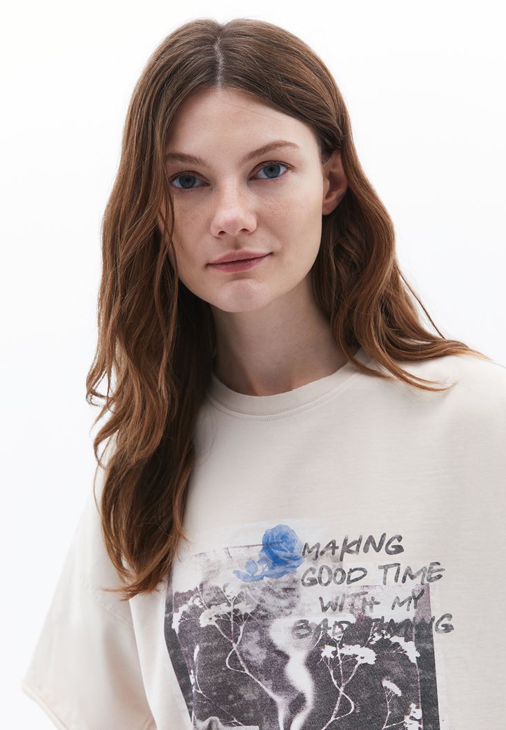 Women Beige Crew Neck Oversize Tshirt