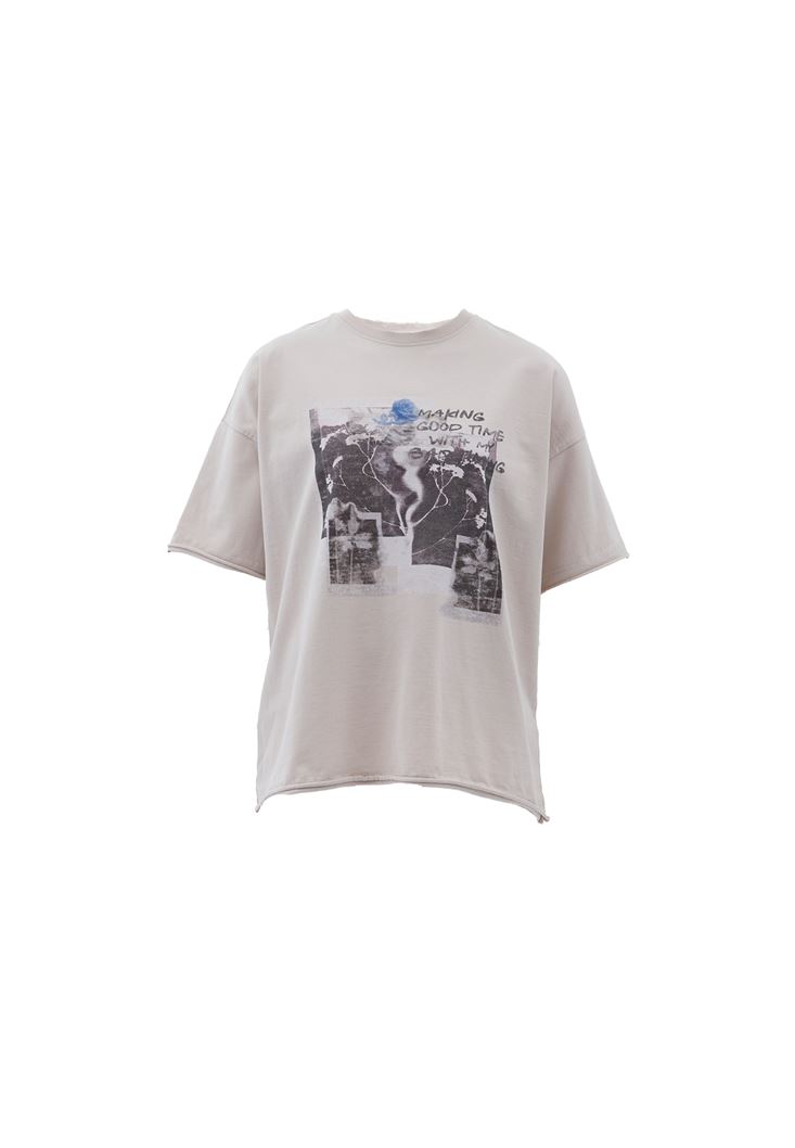 Women Beige Crew Neck Oversize Tshirt