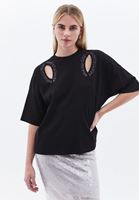 Women Black Oversize Tshirt with Cut-out Detail