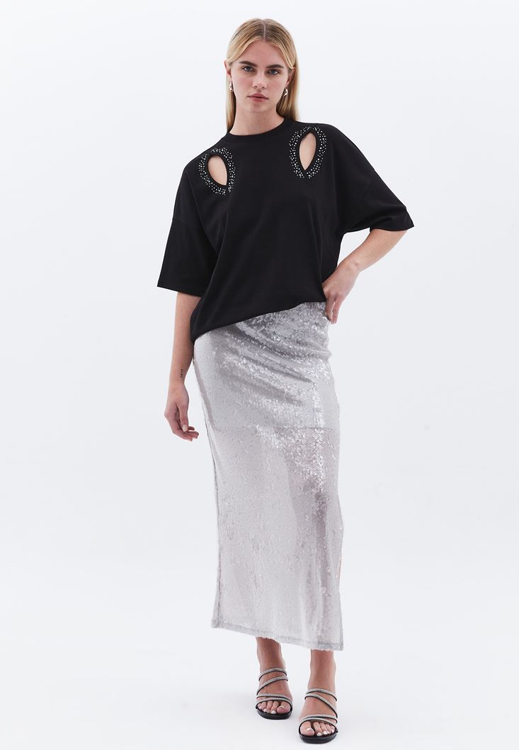 Women Black Oversize Tshirt with Cut-out Detail