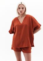 Women Orange Cotton Blended V-neck Blouse