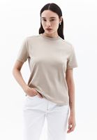 Women Beige Cotton Blened Crew Neck Tshirt