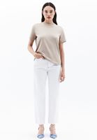 Women Beige Cotton Blened Crew Neck Tshirt