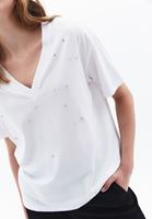 Bayan Beyaz Oversize Taş Detaylı Tişört