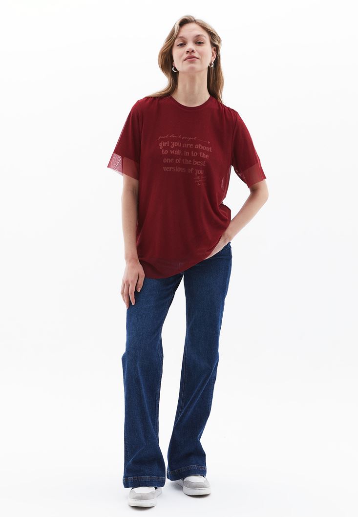 Women Bordeaux Oversize Tshirt with Tulle Detail