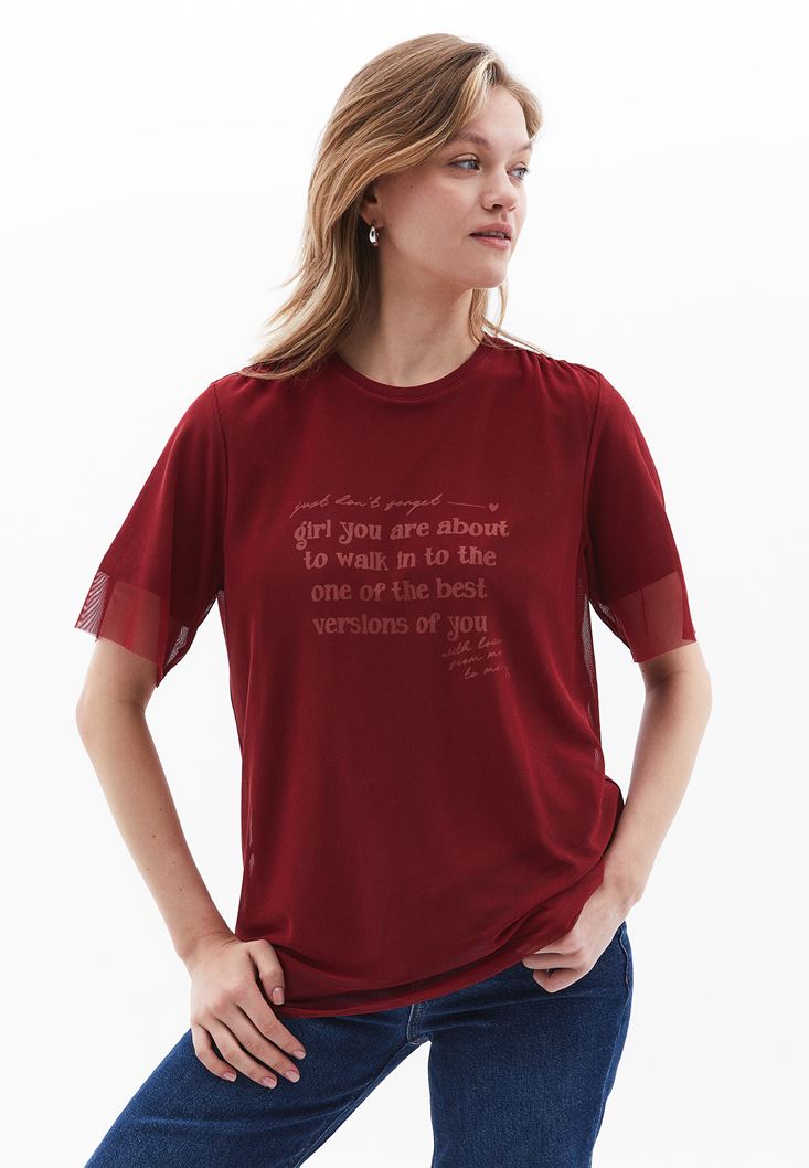 Women Bordeaux Oversize Tshirt with Tulle Detail