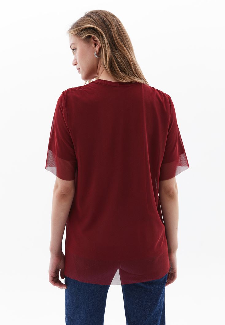 Women Bordeaux Oversize Tshirt with Tulle Detail