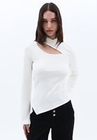 Women Cream High Collar Tshirt with Cut-out Detail