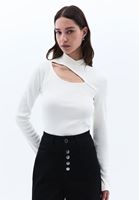 Women Cream High Collar Tshirt with Cut-out Detail