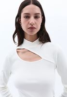 Women Cream High Collar Tshirt with Cut-out Detail