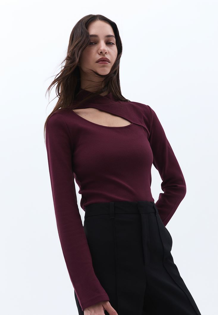 Women Bordeaux High Collar Tshirt with Cut-out Detail