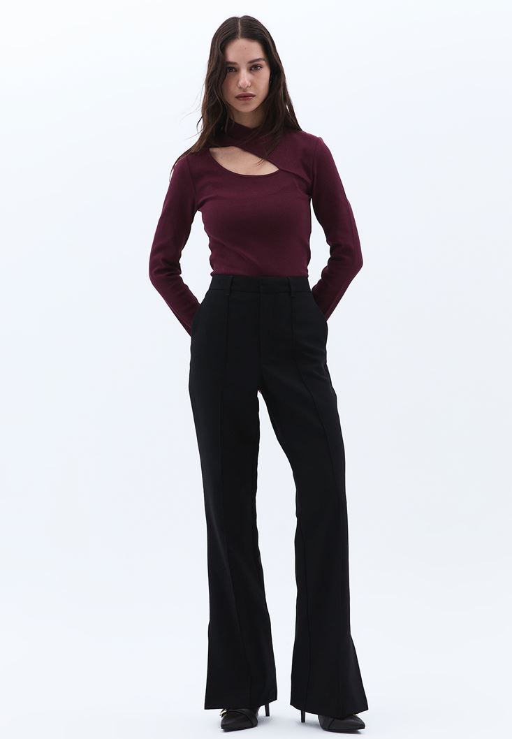 Women Bordeaux High Collar Tshirt with Cut-out Detail