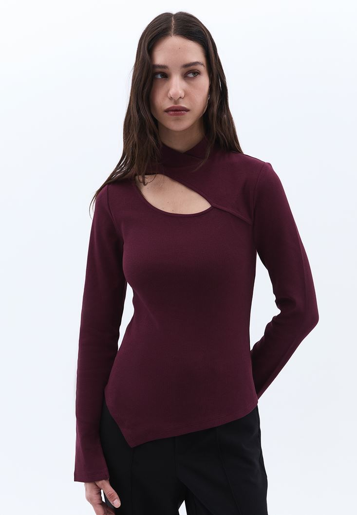 Women Bordeaux High Collar Tshirt with Cut-out Detail