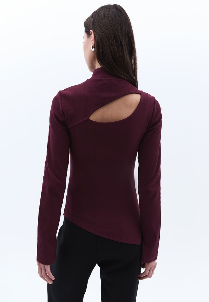 Women Bordeaux High Collar Tshirt with Cut-out Detail