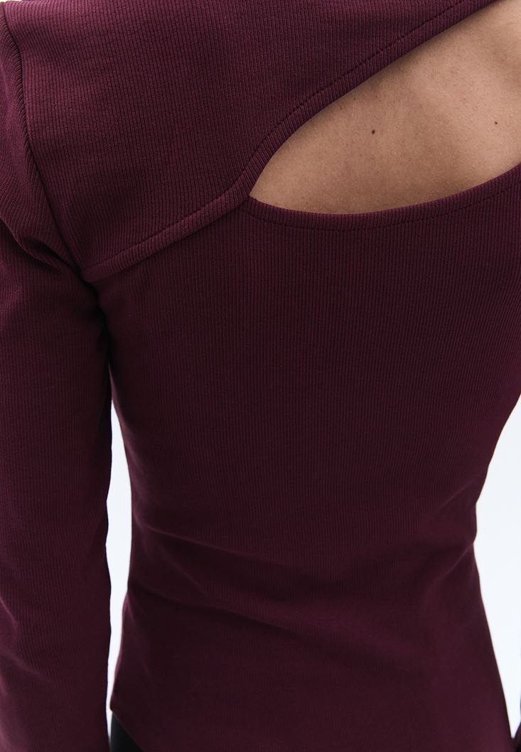 Women Bordeaux High Collar Tshirt with Cut-out Detail