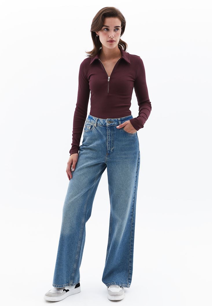 Women Bordeaux Polo Neck Tshirt