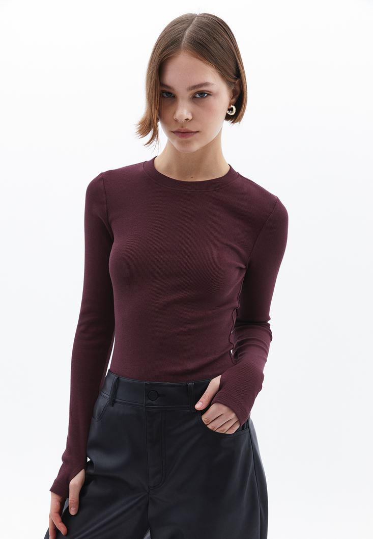 Women Bordeaux Crew Neck Tshirt with Long Sleeves