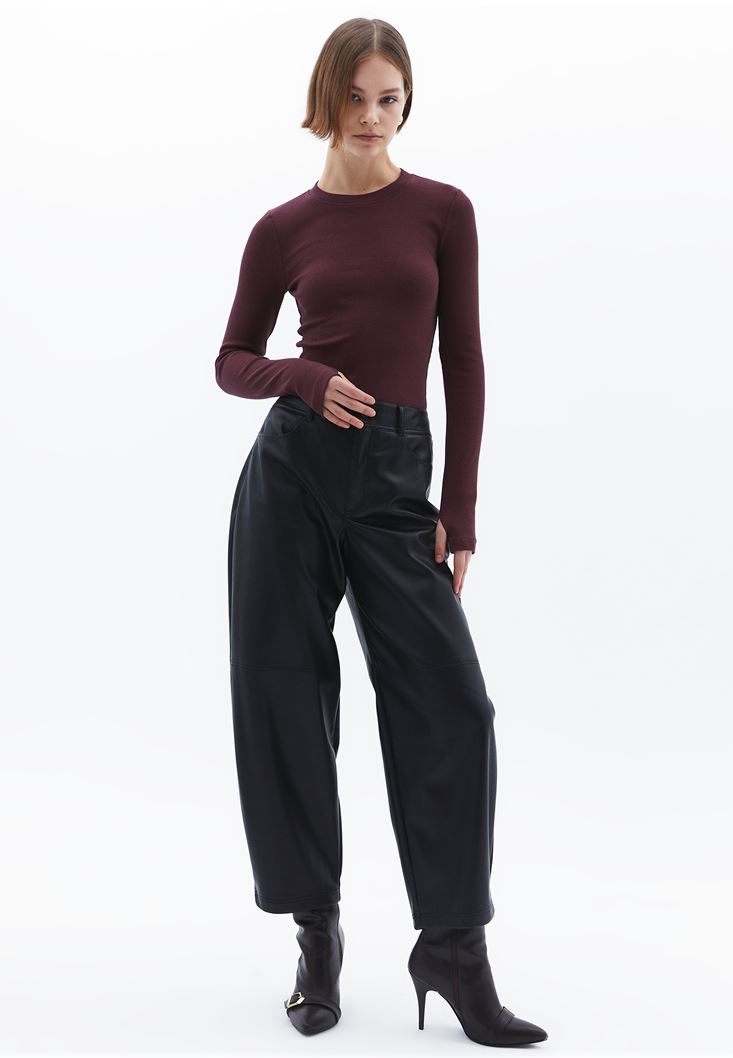 Women Bordeaux Crew Neck Tshirt with Long Sleeves