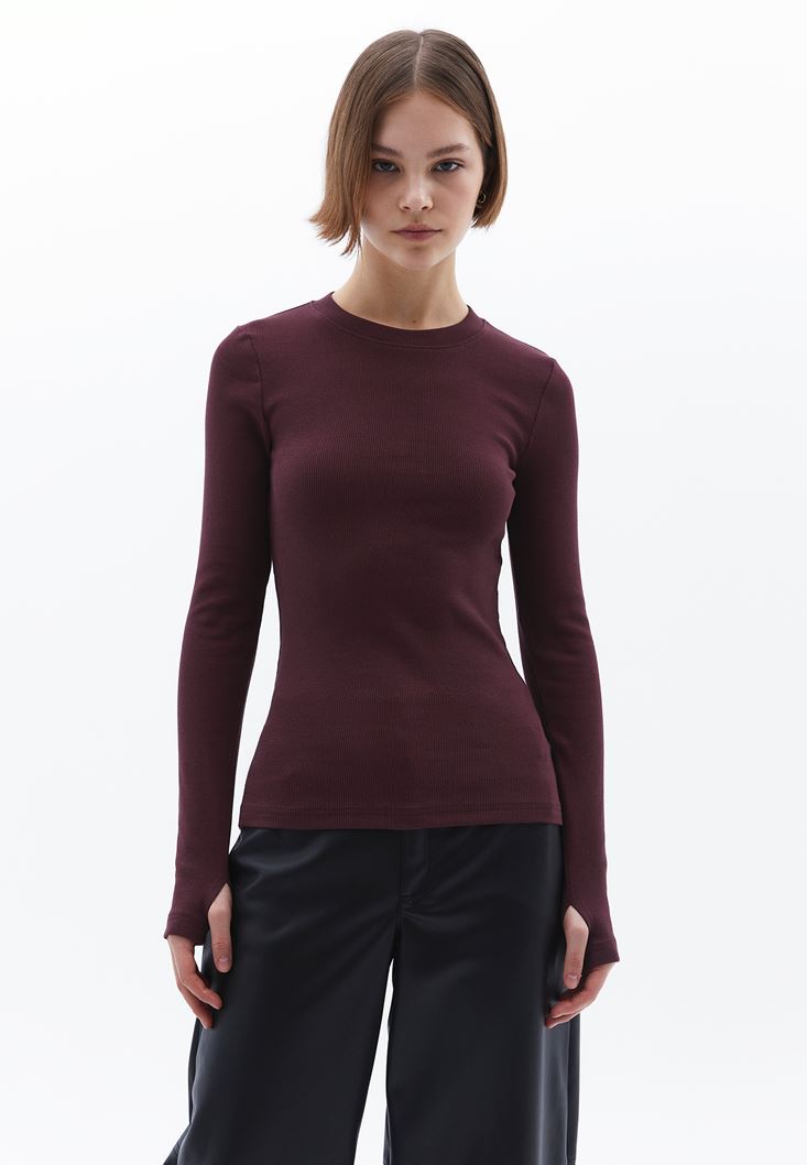 Women Bordeaux Crew Neck Tshirt with Long Sleeves