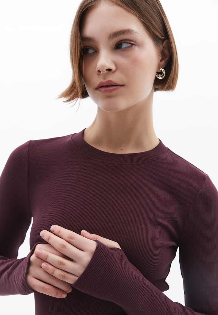 Women Bordeaux Crew Neck Tshirt with Long Sleeves