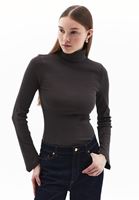 Women Brown Turtle Neck Tshirt with Long Sleeves