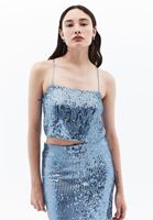 Women Blue Sequin Crop Singlet