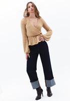 Women Brown Double Breasted Blouse with Puff Sleeves