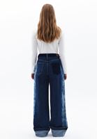 Bayan Mavi Kadife Detaylı Straight-Fit Pantolon