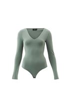 Women Green V-neck Bodysuit