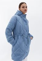 Women Blue Quilted Coat with Hoody