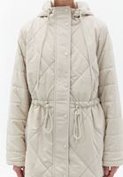 Women Beige Quilted Coat with Hoody