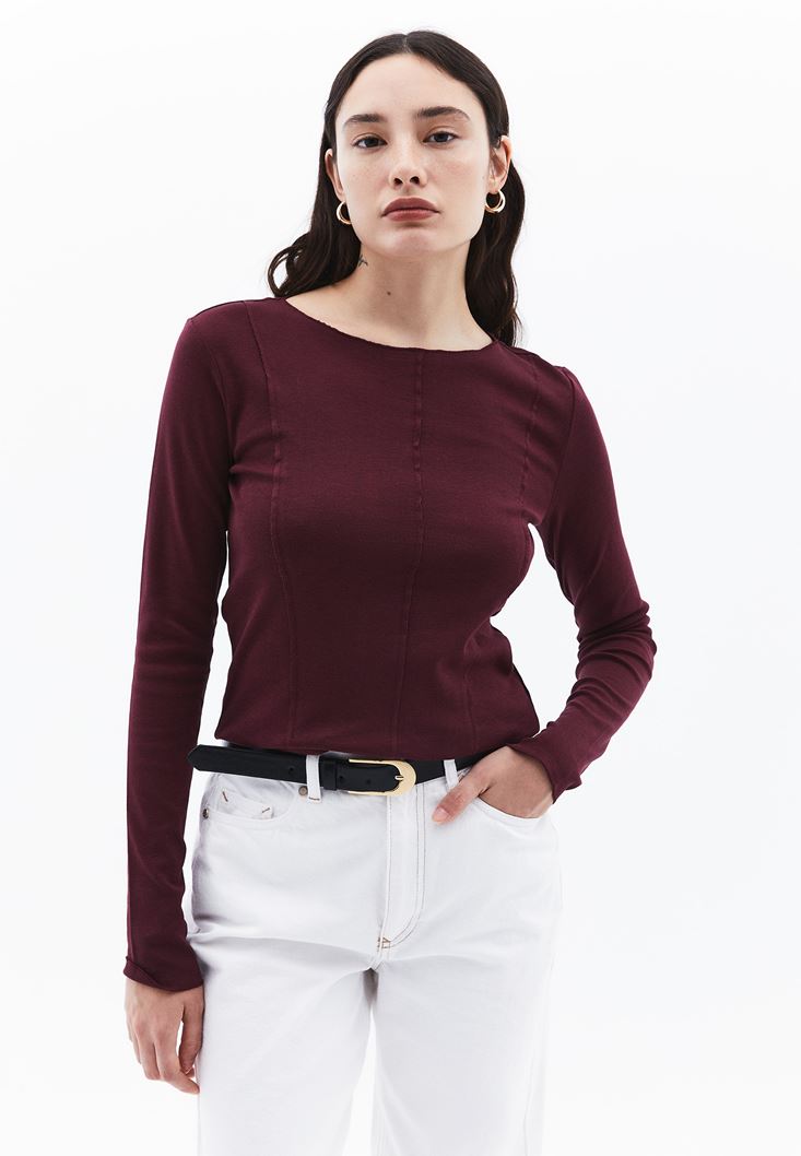 Women Bordeaux Crew Neck Tshirt with Long Sleeves