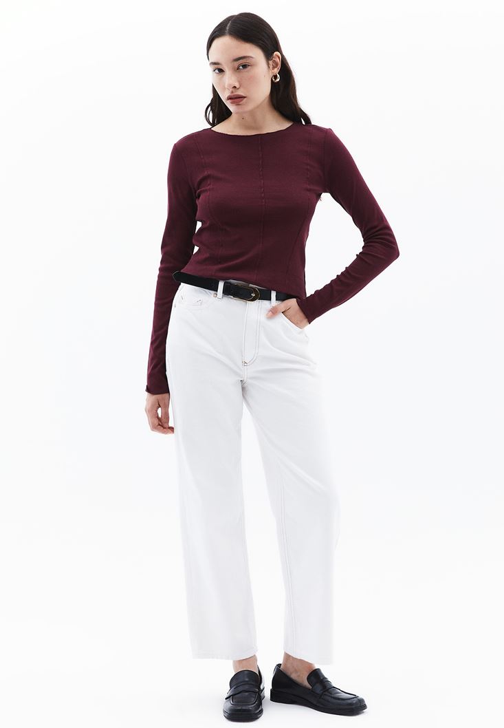Women Bordeaux Crew Neck Tshirt with Long Sleeves