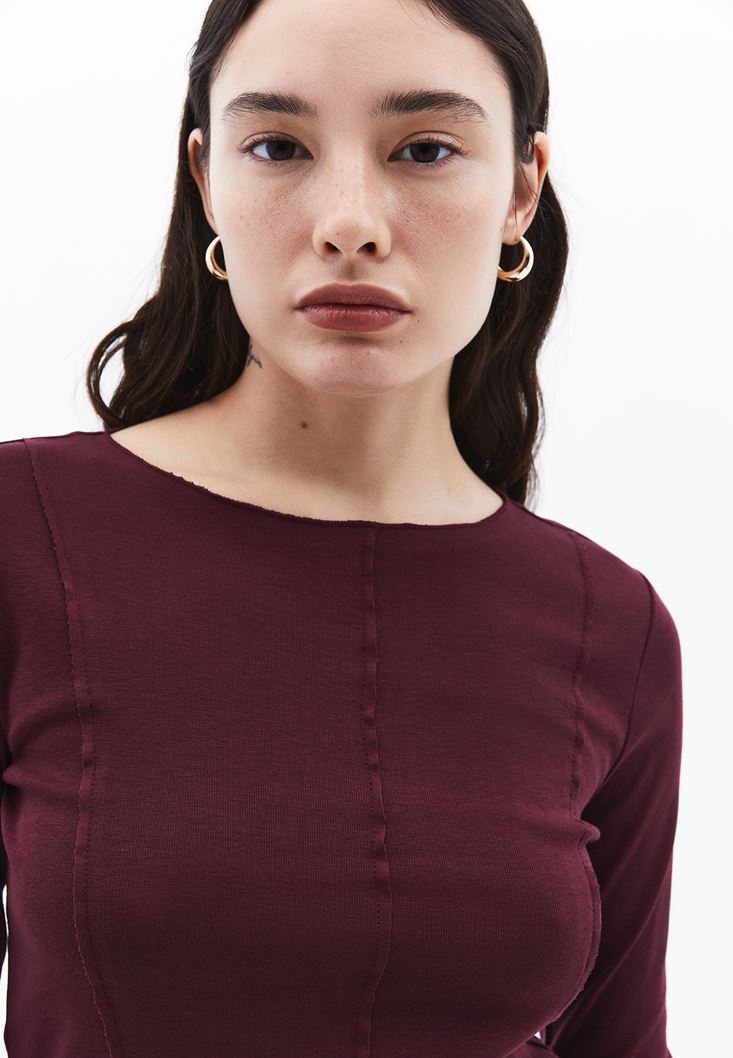 Women Bordeaux Crew Neck Tshirt with Long Sleeves