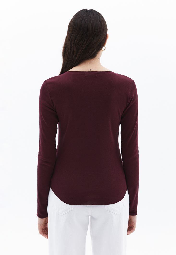 Women Bordeaux Crew Neck Tshirt with Long Sleeves