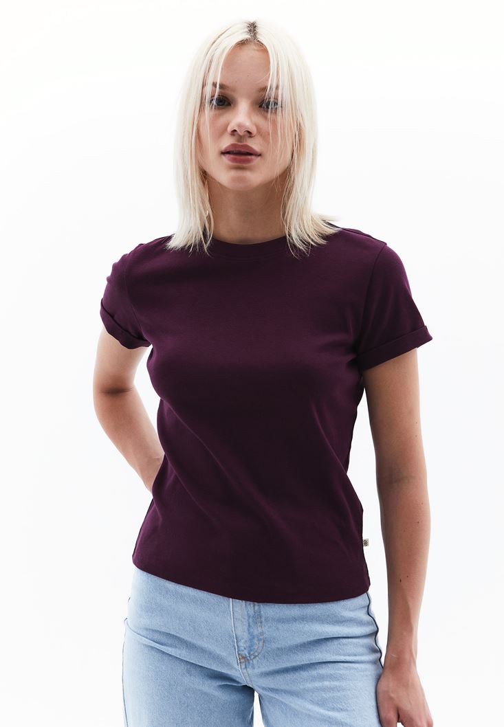 Women Purple Crew Neck Cotton Blended Tshirt
