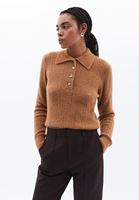 Women Brown Polo Neck HemstitchedSweater