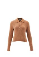 Women Brown Polo Neck HemstitchedSweater